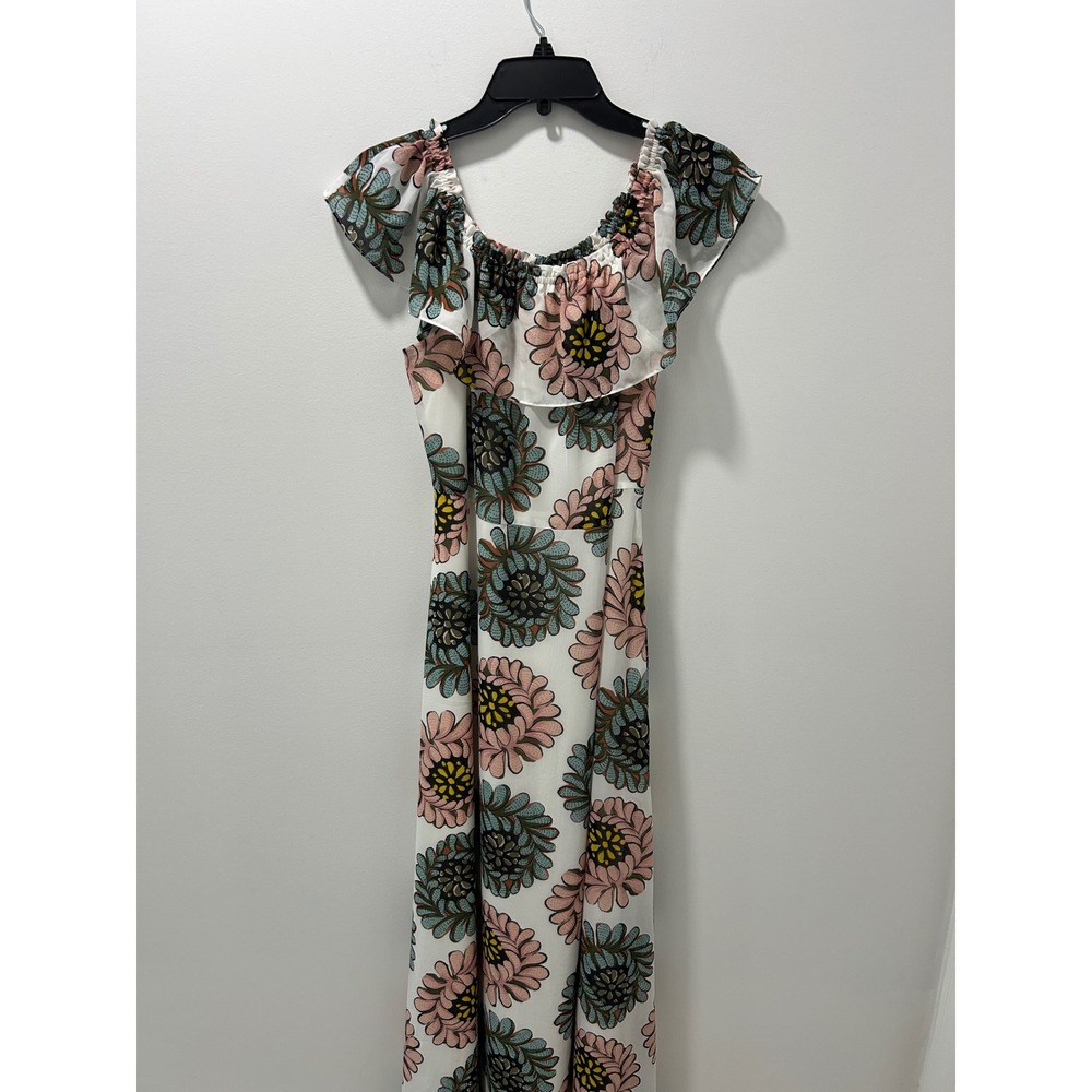 Loft Outlet Floral Off Shoulder‎ Maxi Dress Pink Teal White Ruffle Size 12